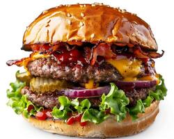 a large hamburger with cheese, bacon and lettuce photo