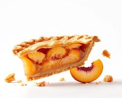 a slice of peach pie with a piece missing photo