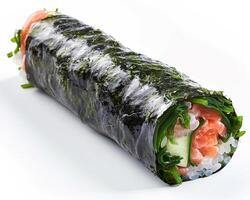 a sushi roll with salmon and vegetables on a white background photo