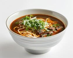 a bowl of noodles and meat in a white bowl photo