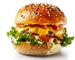 a hamburger with cheese, lettuce and tomato on a white background photo