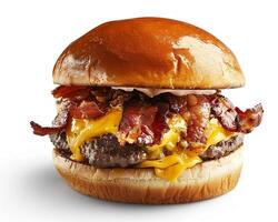 a hamburger with bacon and cheese on it photo