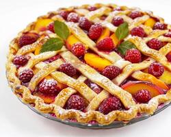 a pie with raspberries and peaches on top photo