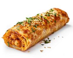 a roll with meat and vegetables on a white background photo