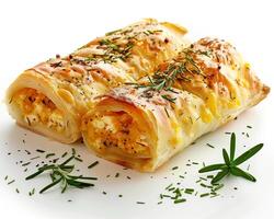two rolls with cheese and herbs on a white background photo