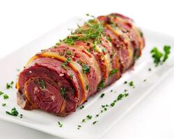 a beef roll with herbs on a white plate photo