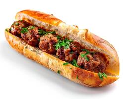 a meatball sandwich with parsley on a white background photo