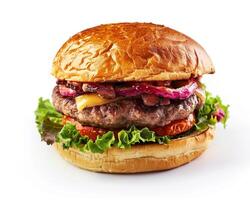 a hamburger with lettuce, tomato and cheese on a white background photo