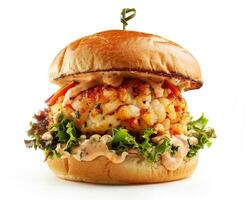 a crab cake burger with a side of fries photo