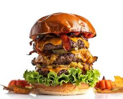 a large hamburger with cheese, bacon and lettuce photo