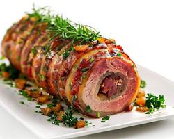 a meat roll with herbs and vegetables on a white plate photo