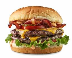 a large hamburger with bacon, lettuce and cheese photo