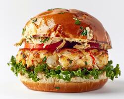 a crab burger with lettuce and tomato on a white background photo