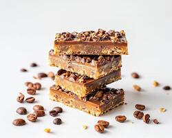 a stack of three chocolate bars with coffee beans photo