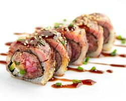 a white plate topped with a sushi roll photo