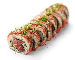 a sushi roll with meat and vegetables on it photo