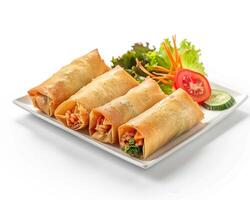 a plate with several spring rolls on it photo