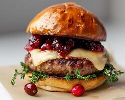 a hamburger with cranberry sauce and cheese photo