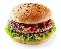 a hamburger with cheese, lettuce and tomato on a white background photo