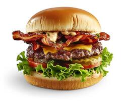 a hamburger with bacon and lettuce photo