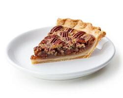 a slice of pecan pie on a white plate photo