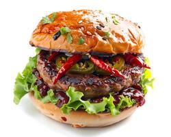 a hamburger with peppers and lettuce on top photo