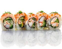 a sushi roll with shrimp, cucumber and green onions photo