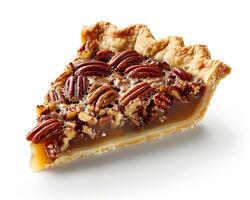 a slice of pecan pie with pecans on top photo