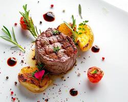 a white plate with a steak and potatoes photo