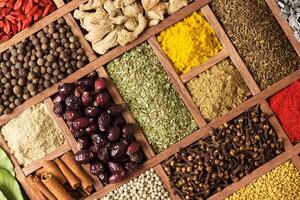Various condiments with showcases of Indian market. Colorful spices and herbs as a background for design. photo