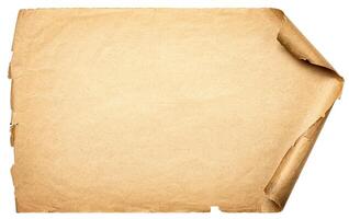 Ancient scroll isolated on white background. Texture of paper manuscript with shabby edges photo