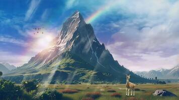 A majestic mountain with steep cliffs surrounded by lush green meadows under a clear blue sky. video