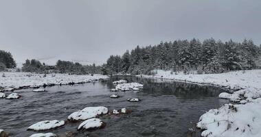 Amazing Cinematic Aerial View On Freezing River. Aerial View Flight Above Frozen Creek Scenic View Of Nature video