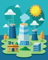 The smooth efficient operation of the cooling towers is made possible by the sustainable power of solar energy.. illustration. vector