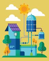 The solarpowered water filtration system at the center ensures that clean drinking water is always available even during power outages.. illustration. vector