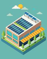 The sleek modern design of the shopping center was enhanced by the addition of its rooftop solar panels a reminder of the importance of sustainability in the retail industry.. vector