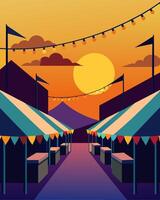 The sun sets behind a row of vibrant market stalls each one equipped with solar panels that power the ling string lights strung above them.. illustration. vector