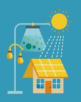 The sun beating down on the solar panels transforms into a hot shower for a grateful homeowner.. illustration. vector