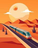 The solarpowered train glided effortlessly through the desert with the suns heat providing a constant source of energy for its journey.. illustration. vector