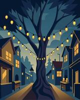 The streets of a quaint town come alive with the soft glow of solarpowered lights strung across the branches of charming oldfashioned trees.. illustration. vector