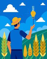 Under a clear blue sky a farmer surveys their flourishing wheat crop grateful for the solarpowered irrigation that has allowed them to increase their yields.. illustration. vector