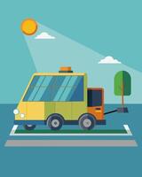 The solarpowered street sweeping machine hums quietly as it makes its way along the road its solar panels soaking up the suns rays to power its cleaning capabilities.. illustration vector