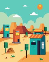 The small village in the desert installed solarpowered ATMs to cater to the needs of its community.. illustration. vector