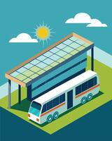 The sleek modern design of the bus depot seamlessly incorporates solar panels on the walls and roof creating a sustainable and futuristic look.. illustration. vector