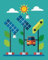 The solar panels powering the traffic signals were a reminder to all that even small changes can make a big impact on the environment.. illustration. vector