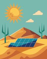 The sun beat down on the desert but instead of causing discomfort it fueled the solar panels that dotted the landscape bringing life to the arid environment.. illustration. vector