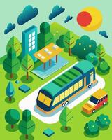 The solarpowered bus depot is aptly located near a large park with its green initiatives promoting a cleaner and greener future for the community.. illustration. vector