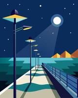 The solarpowered streetlights along the seaside promenade not only provide a stunning view at night but also help protect the local ecosystem by using renewable energy.. vector