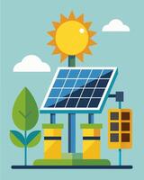 The solar panels on the rig provide a steady stream of energy reducing the rigs dependence on fossil fuels and decreasing its environmental impact.. illustration. vector