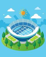 The stadiums roof is adorned with brightly shining solar panels creating a unique and ecofriendly landscape within the bustling city.. illustration. vector